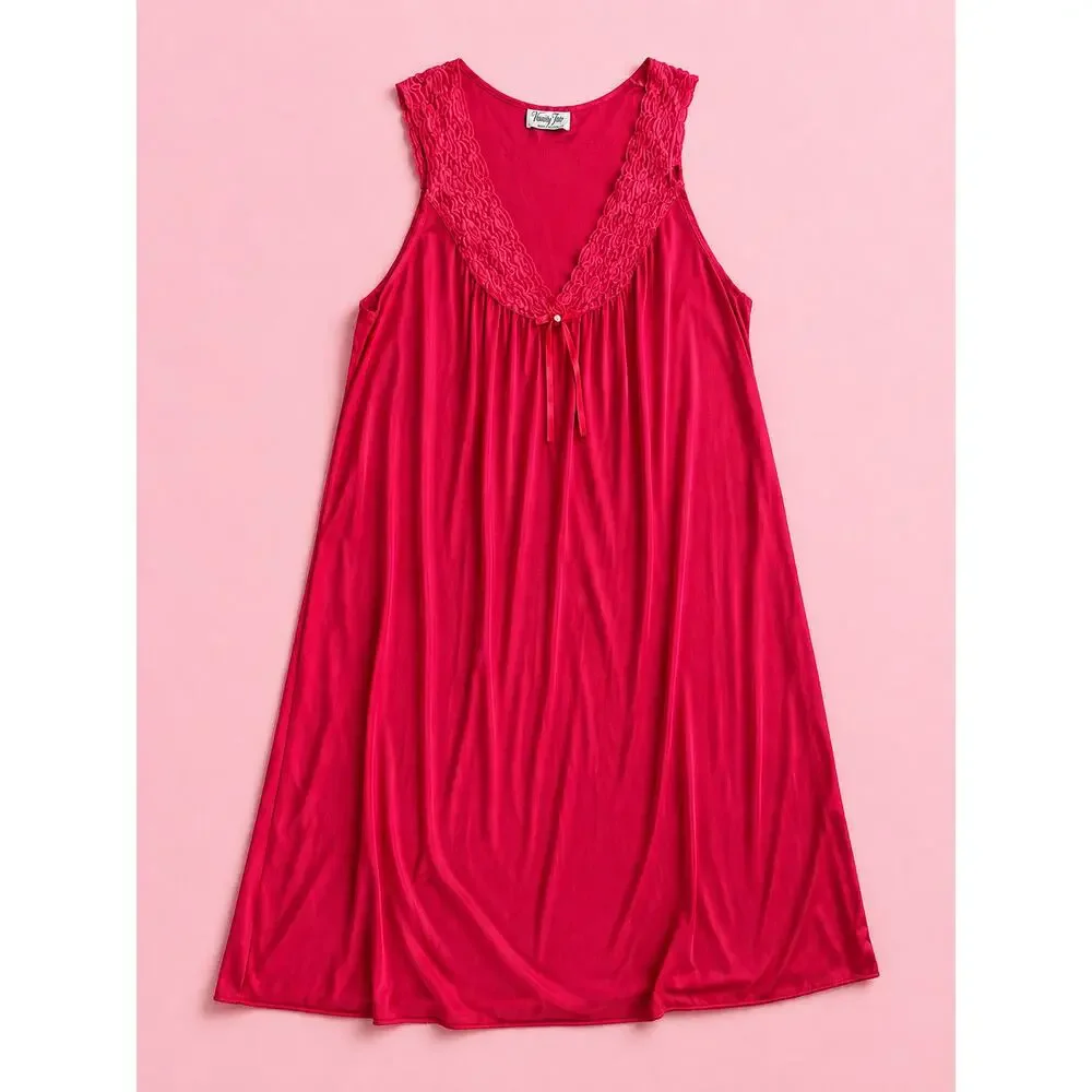 Vintage Vanity Fair Pink Red Lace Trim Nightgown / Lounge Dress Made in USA-M/L